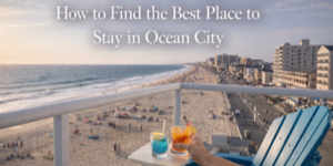 View of Ocean City beach and promenade from a balcony with two colourful drinks on a table, and text that reads How to Find the Best Place to Stay in Ocean City.