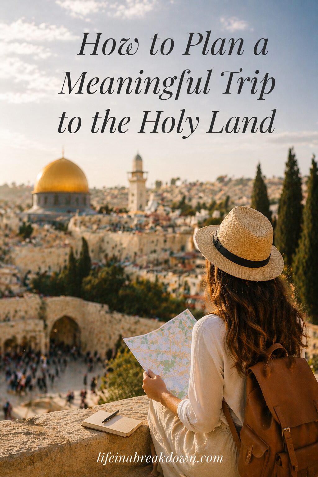 A woman in a hat holding a map looks out over Jerusalem, including the Dome of the Rock, with text: How to Plan a Meaningful Trip to the Holy Land. Website: lifeinabreakdown.com.
