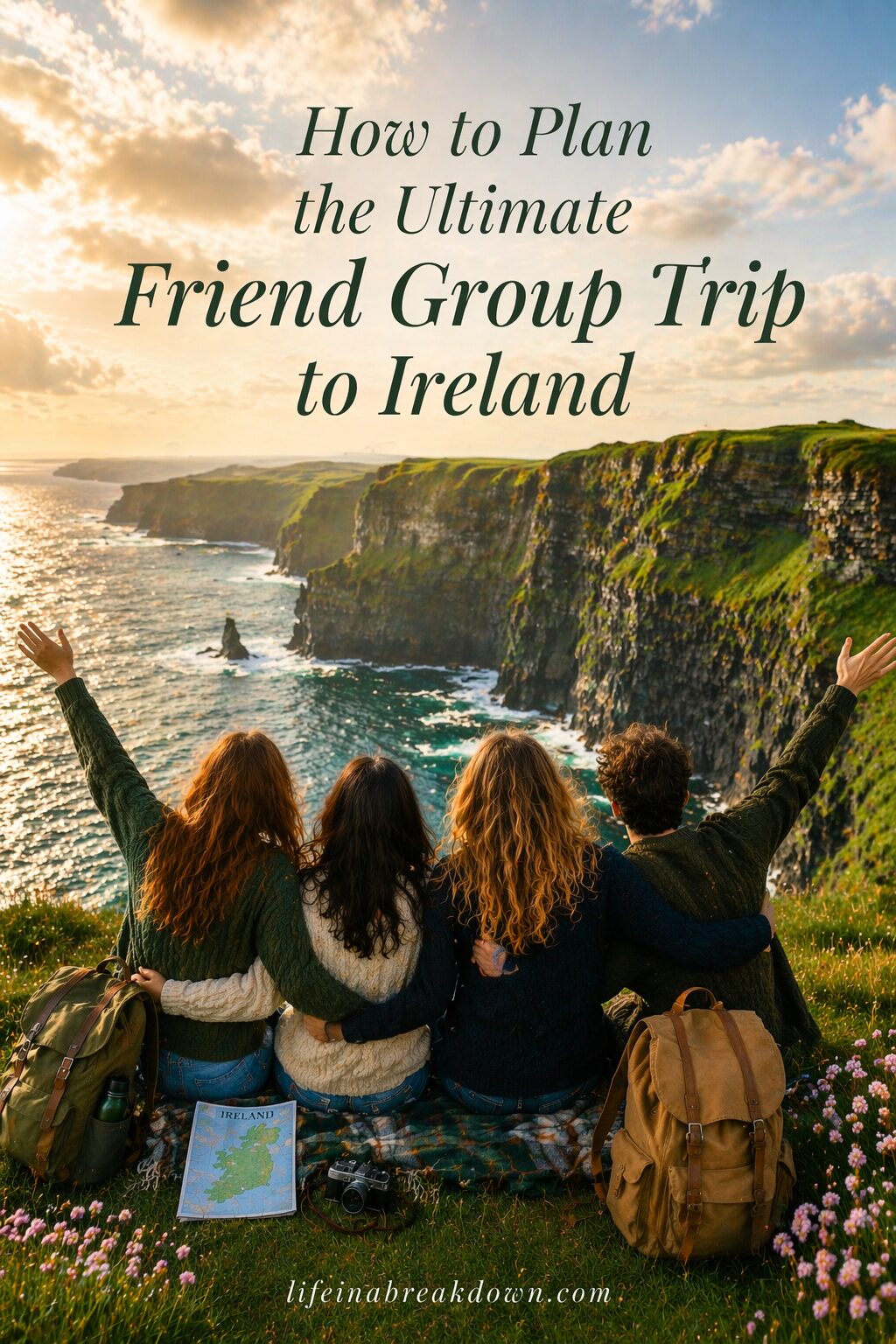 Four friends sit on a grassy cliff edge overlooking the Cliffs of Moher in Ireland, with arms raised in celebration. Rucksacks and a map are beside them. Text above reads: “How to Plan the Ultimate Friend Group Trip to Ireland”.