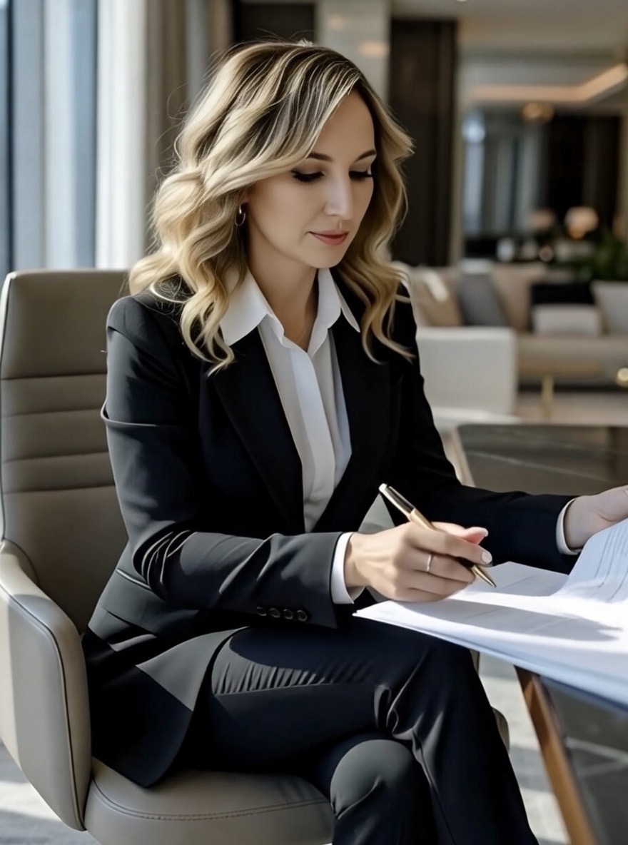 A woman in a black suit sits at a desk, writing on documents with a pen. She has wavy blonde hair and is focused on her work, with a modern office setting in the background.