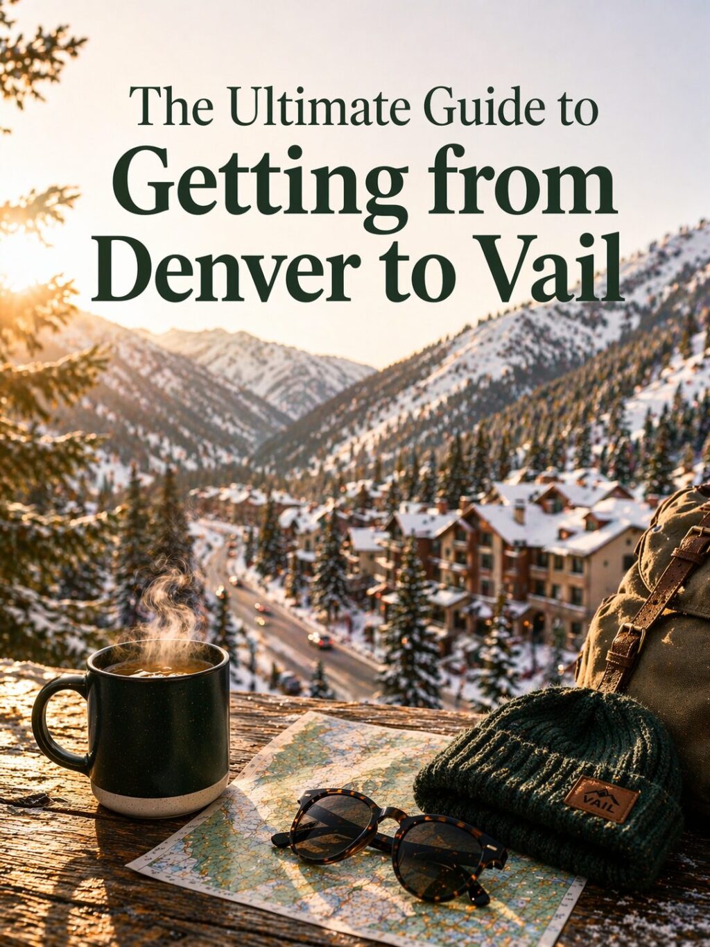 A scenic winter mountain view with snowy trees, a mug of steaming coffee, a knitted hat, sunglasses, and a map on a wooden table. Text reads: “The Ultimate Guide to Getting from Denver to Vail.”.