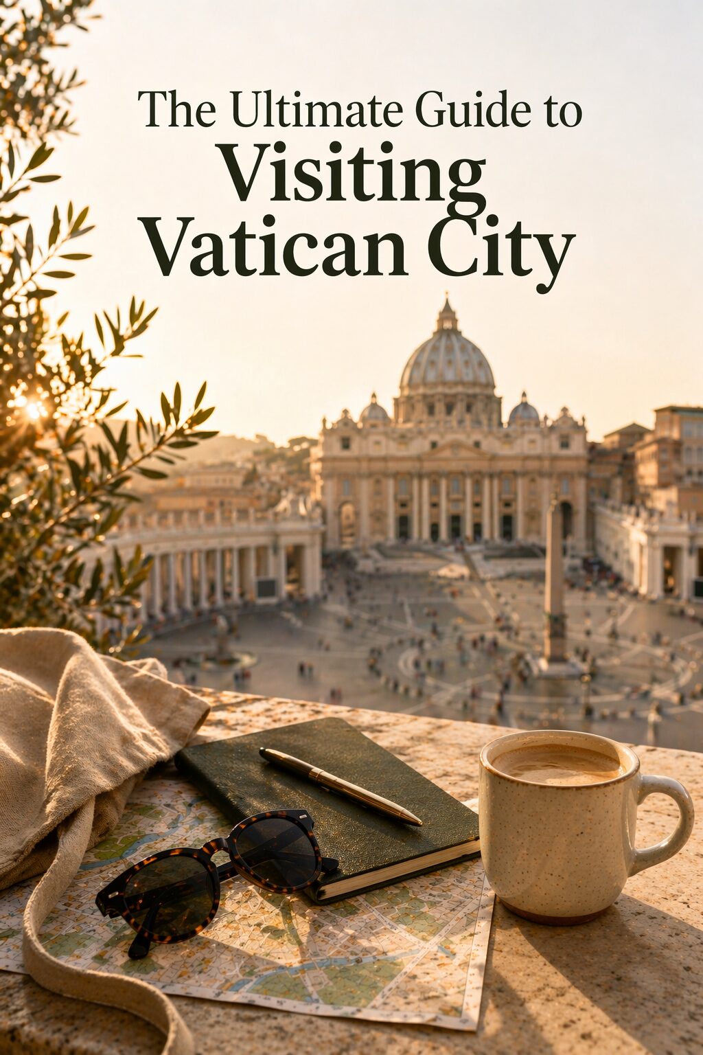 A cup of coffee, notebook, pen, map, and sunglasses rest on a stone ledge overlooking St Peter’s Basilica in Vatican City at sunrise, with text: “The Ultimate Guide to Visiting Vatican City.”.