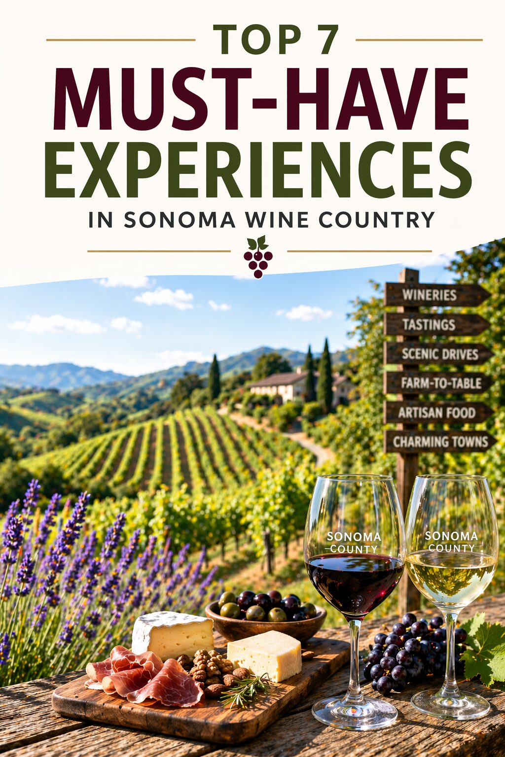 A scenic vineyard in Sonoma Wine Country with two glasses of red wine, a cheese and meat platter, and a sign listing wineries, tastings, scenic drives, farm-to-table, artisan food, and charming towns. Text reads: Top 7 Must-Have Experiences.