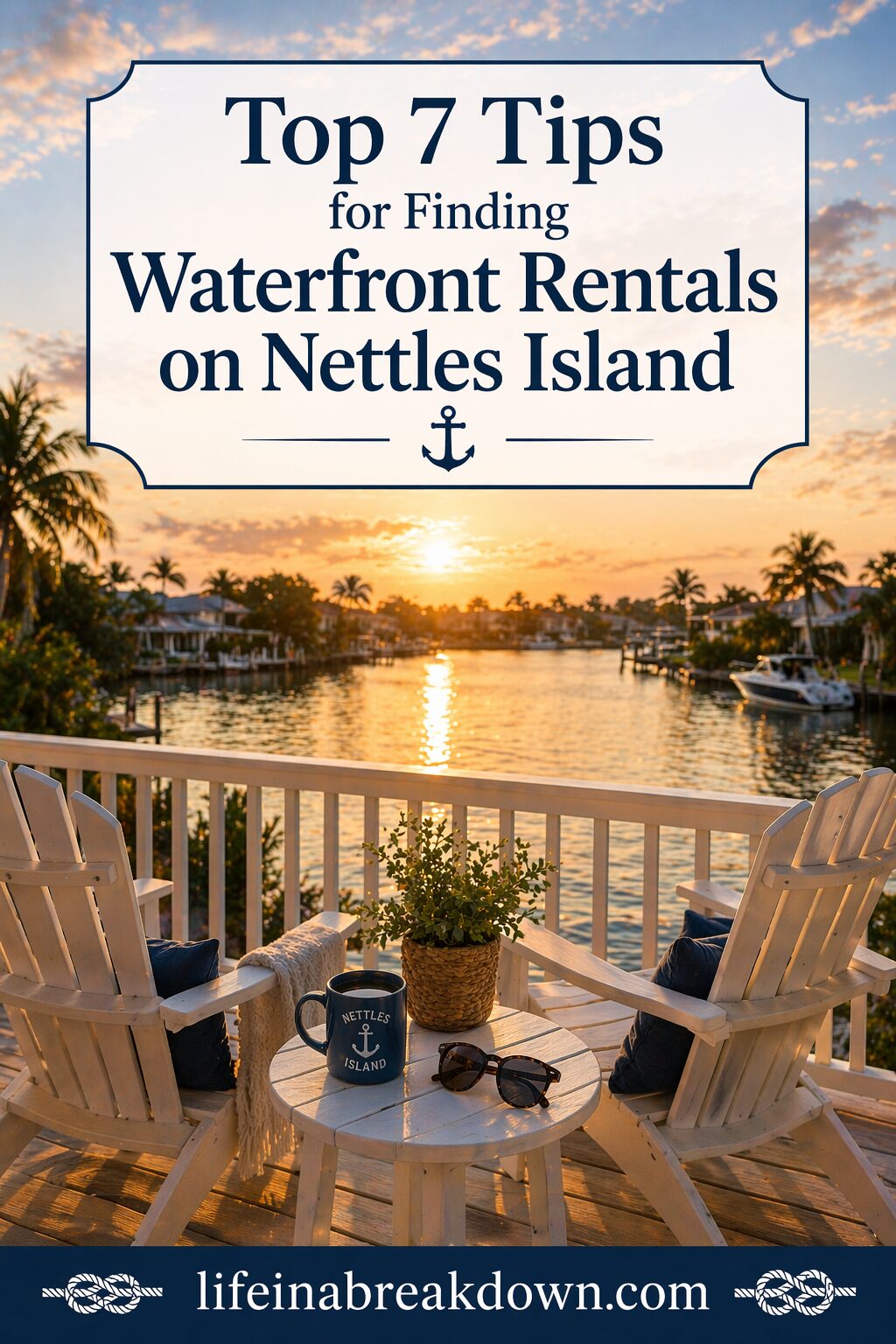 Two white chairs and a small table with a mug, plant, and sunglasses sit on a waterfront deck at sunset, overlooking calm water, palm trees, and houses. Text promotes tips for waterfront rentals on Nettles Island.