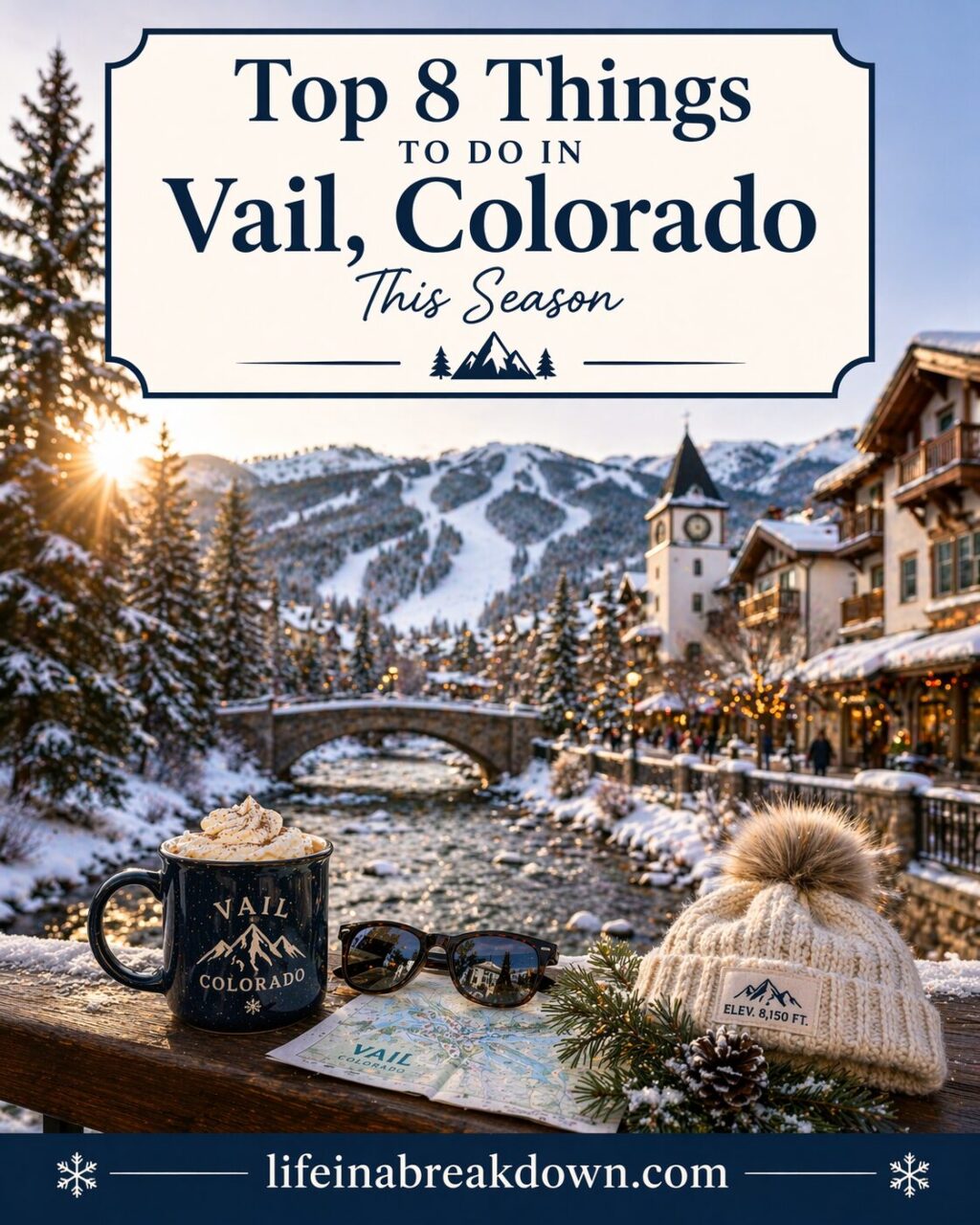 A cosy winter scene in Vail, Colorado shows snowy mountains, a river, and village buildings. In the foreground are a mug of hot chocolate, a warm hat, sunglasses, and a map on a wooden table. Text promotes things to do in Vail.