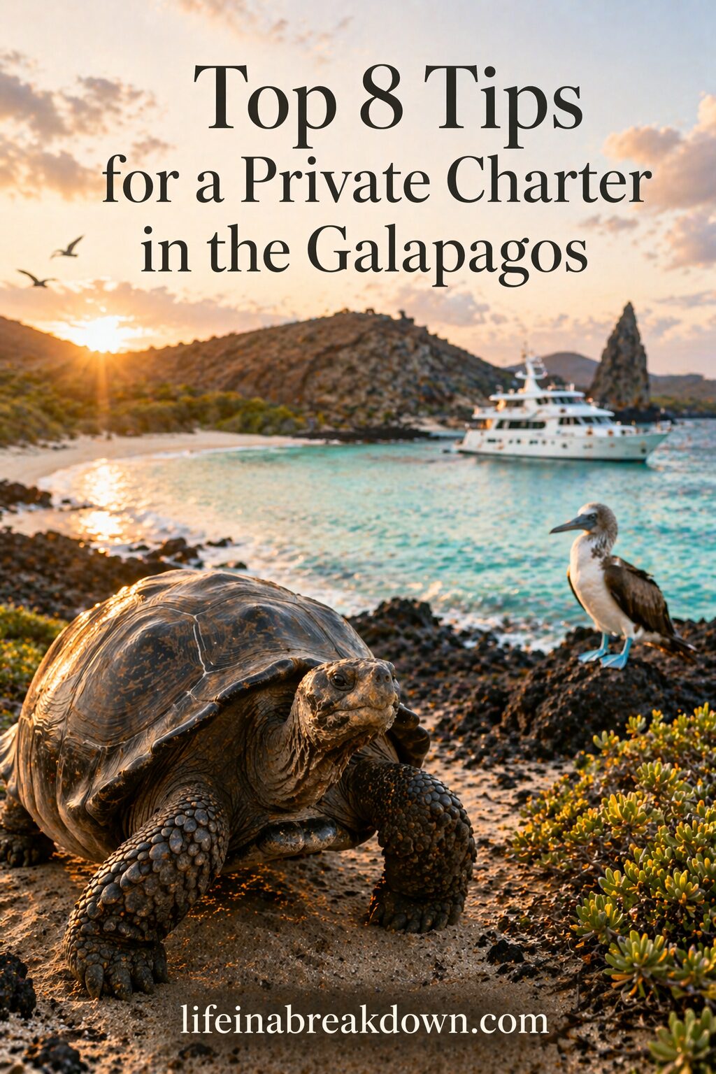 A giant tortoise and a blue-footed booby on a rocky Galapagos shore at sunset, with a private charter yacht anchored in the bay and the text: “Top 8 Tips for a Private Charter in the Galapagos. lifeinabreakdown.com.”.
