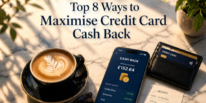A cup of coffee, a smartphone displaying a cashback balance, a credit card in a wallet, and a receipt on a marble table with sunlight and leaves. Text reads: “Top 8 Ways to Maximise Credit Card Cashback.”.