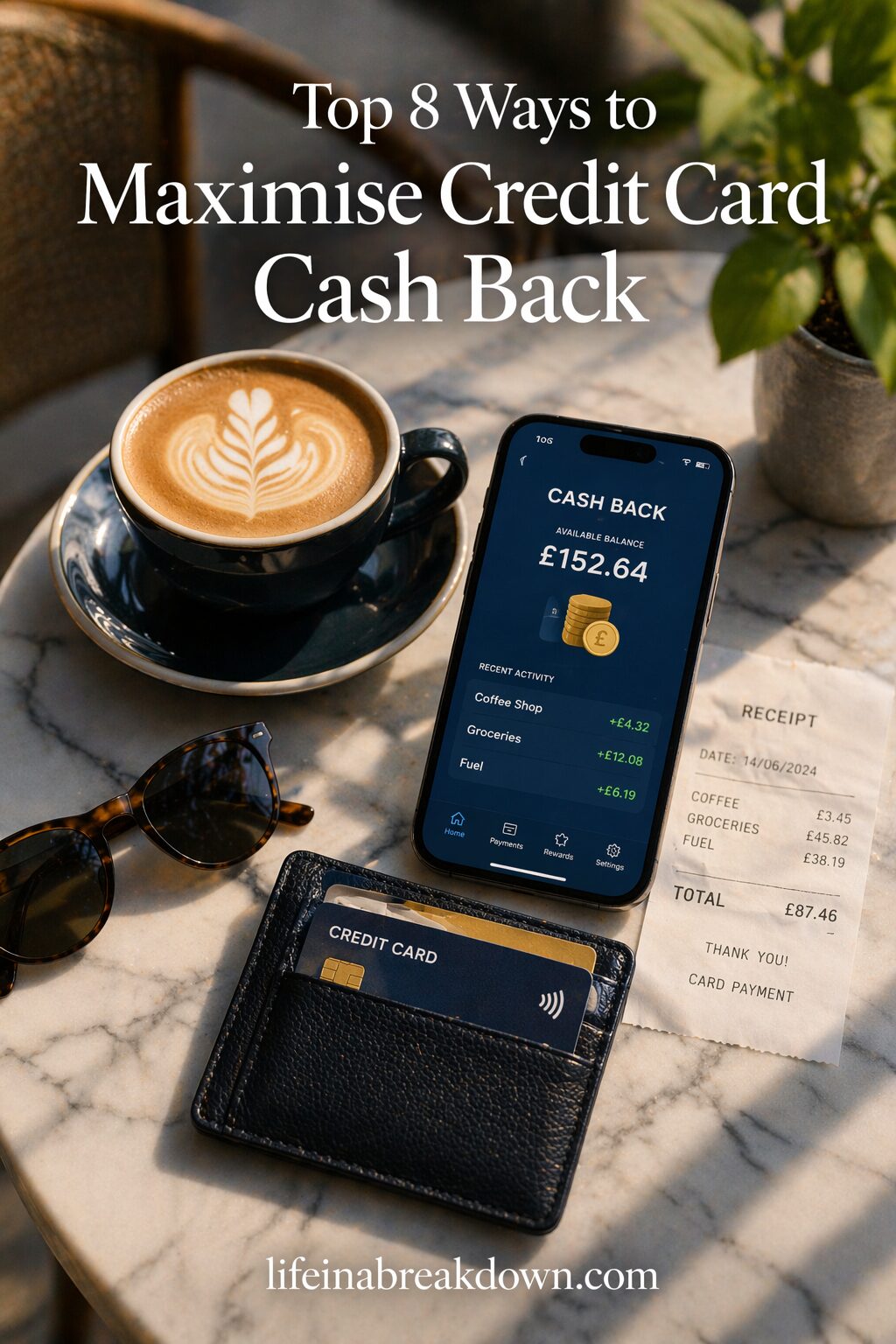 A cup of coffee, a smartphone displaying a cashback balance, a receipt, and a credit card in a wallet are on a marble table. Text reads “Top 8 Ways to Maximise Credit Card Cashback.”.