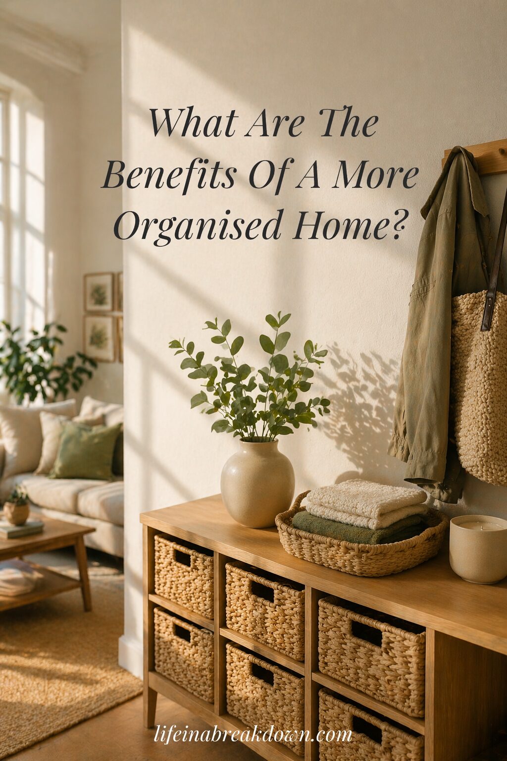 A sunlit, tidy room with a wooden storage unit holding woven baskets, folded towels, and a potted plant. Text reads: “What Are The Benefits Of A More Organised Home?” A sofa and plant are in the background.