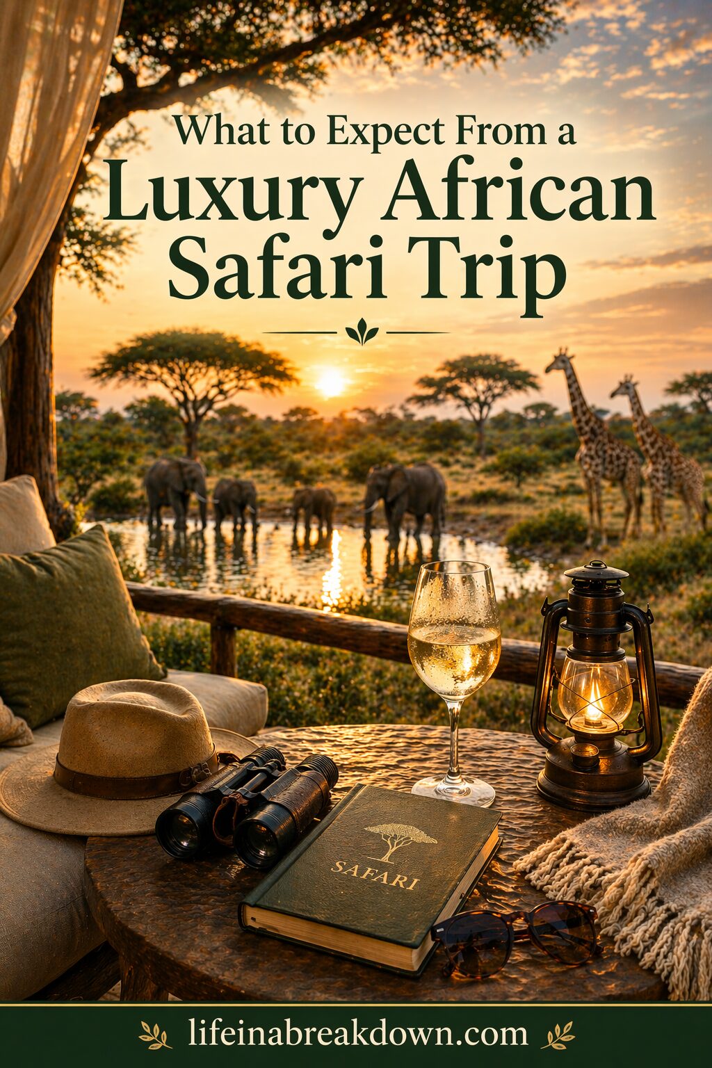 A cosy safari lounge overlooks a sunset scene with elephants and giraffes. On the table are a safari hat, camera, lantern, wine glass, and safari journal. Text reads: “What to Expect From a Luxury African Safari Trip”.