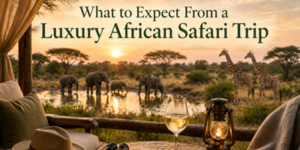 A cosy safari lodge patio overlooks a sunset view of wild elephants and giraffes by a watering hole, with a wine glass and lantern on a table in the foreground. Text reads: “What to Expect From a Luxury African Safari Trip.”.