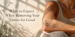 A woman in a sleeveless top shows a floral tattoo on her forearm, partially faded, with the text “What to Expect When Removing Your Tattoo for Good” beside her. Sunlight casts soft shadows on the wall.