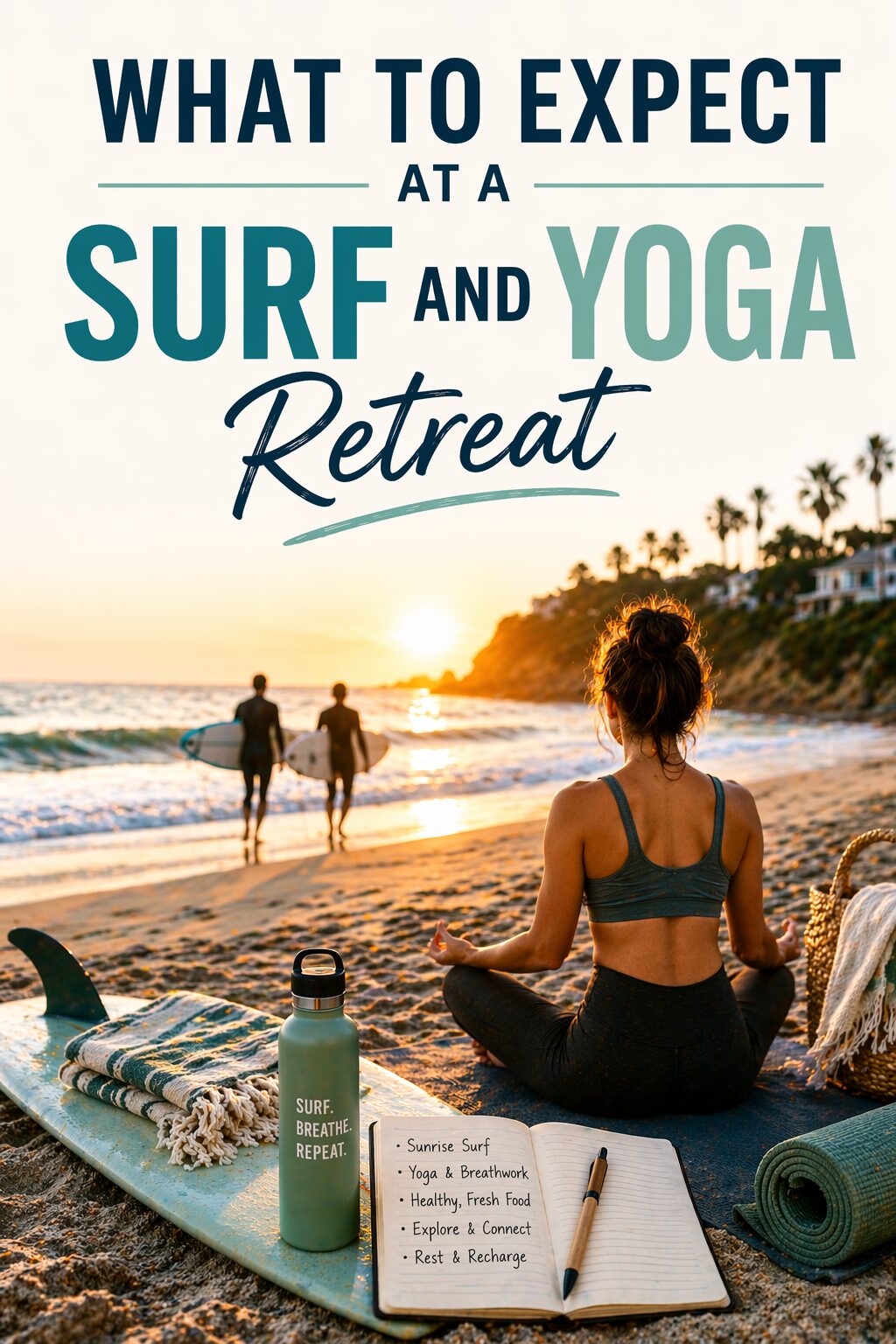 A woman sits cross-legged on a beach mat at sunset, facing the sea, with a notebook, water bottle, and towel beside her. Two surfers walk towards the water. Text reads: What to Expect at a Surf and Yoga Retreat.
