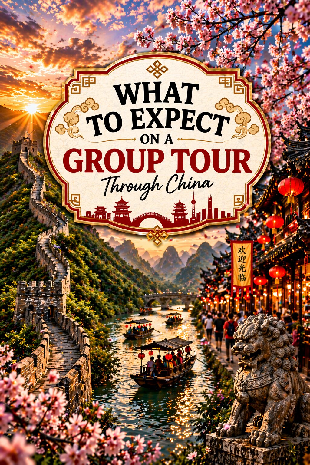 A vibrant image featuring the Great Wall of China at sunset, cherry blossoms, a traditional riverside village with lanterns, boats on the water, and a sign reading “What to Expect on a Group Tour Through China”.