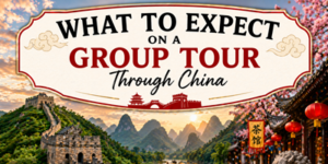Banner reading What to Expect on a Group Tour Through China with images of the Great Wall, mountains at sunset, traditional Chinese lanterns, and cherry blossom.