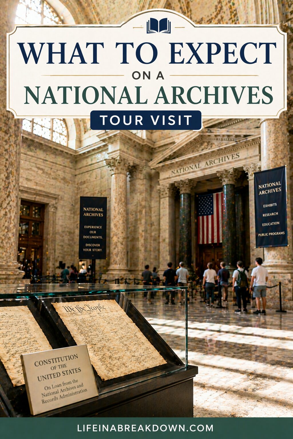 A display case with the U.S. Constitution inside the National Archives, with visitors in the grand hall, large pillars, and banners. Text overlay reads What to Expect on a National Archives Tour Visit.
