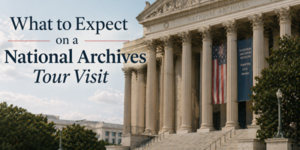 The exterior of the National Archives building with columns and an American flag, along with text reading What to Expect on a National Archives Tour Visit.