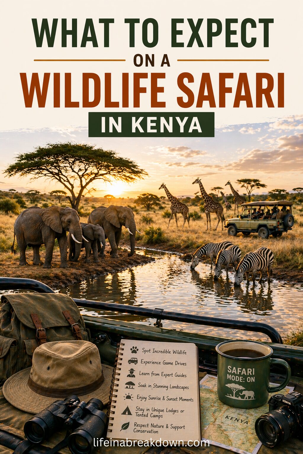 A group of elephants and zebras drink from a waterhole at sunset as people watch from safari vehicles. In the foreground are binoculars, a hat, a mug, and a notebook titled What To Expect on a Wildlife Safari in Kenya.