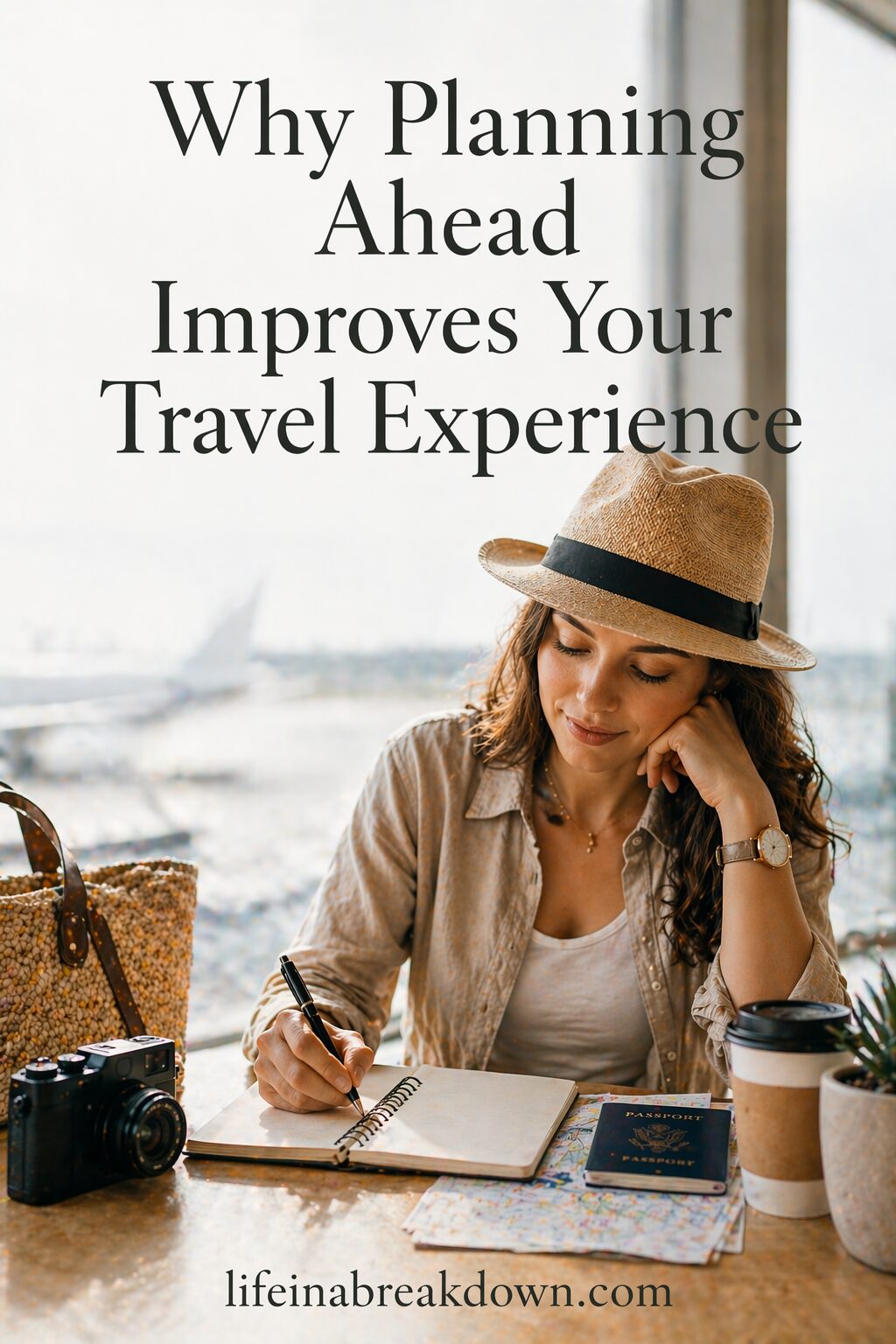 A woman in a hat sits at a table by a window, writing in a notebook with a passport, camera, map, and coffee nearby. Text over the image reads, Why Planning Ahead Improves Your Travel Experience.