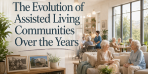 Two elderly women sit and chat in a bright, modern care home. Other pensioners and a carer are visible in the background. The text reads, The Evolution of Care Homes Over the Years.