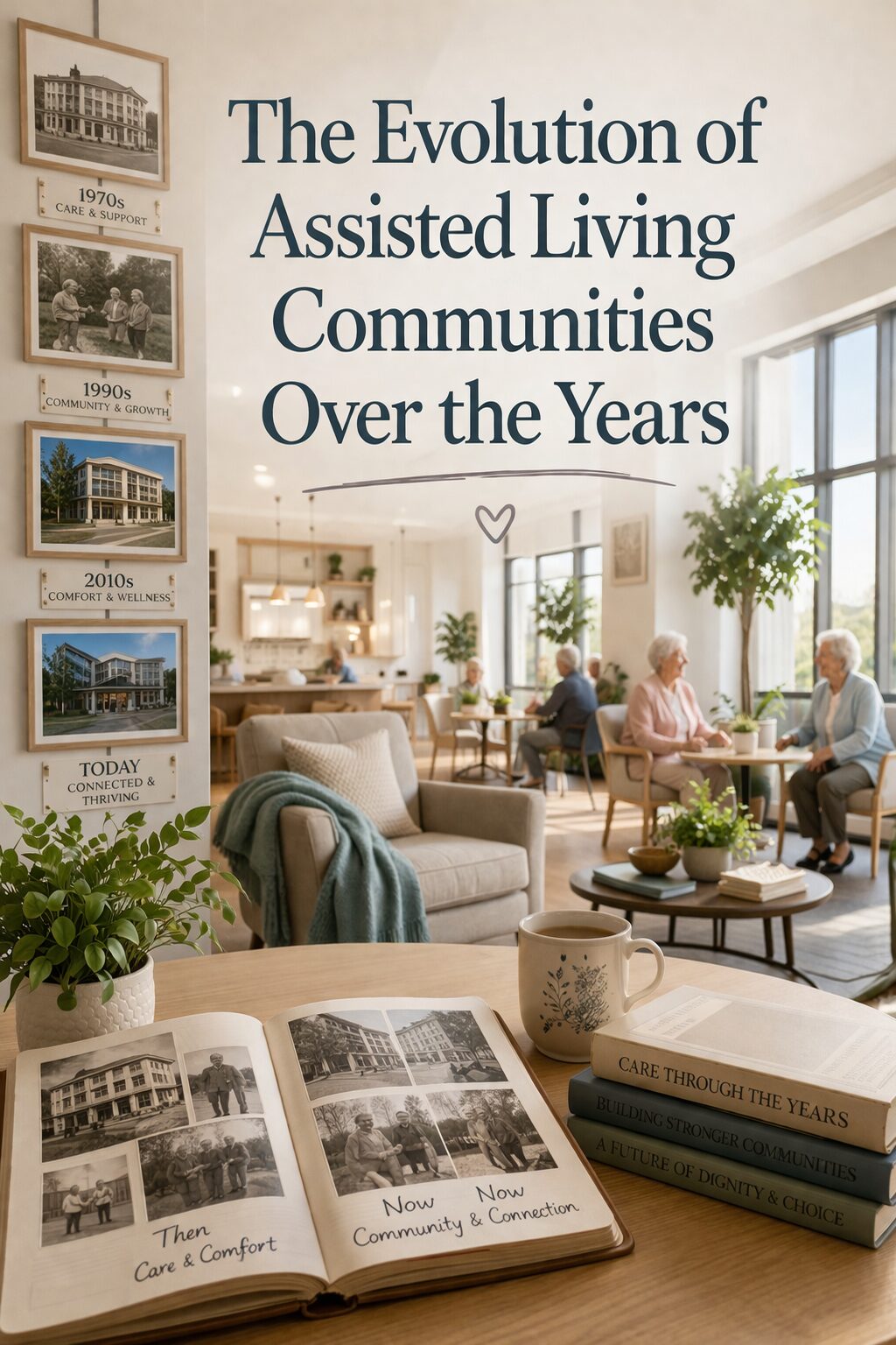 A cosy assisted living community lounge with seniors talking at tables. A wall shows photos of facilities from the 1970s to today, and an open book displays “Then” and “Now” community photos. Text: “The Evolution of Assisted Living Communities Over the Years.”.