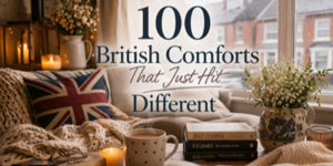 A cosy living room with a Union Jack cushion, knitted blankets, candles, a mug, and books by a window on a rainy day. Text reads: 100 British Comforts That Just Hit Different.
