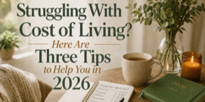 A cosy table scene with a notebook labelled 2026, a cup of coffee, a lit candle, and a plant, overlaid with text: Struggling with Cost of Living? Here Are Three Tips to Help You in 2026.