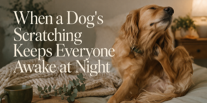 A golden retriever sits on a bed, scratching its neck. Text reads: When a Dog's Scratching Keeps Everyone Awake at Night. A mug and greenery are on the bed in a cosy bedroom setting.