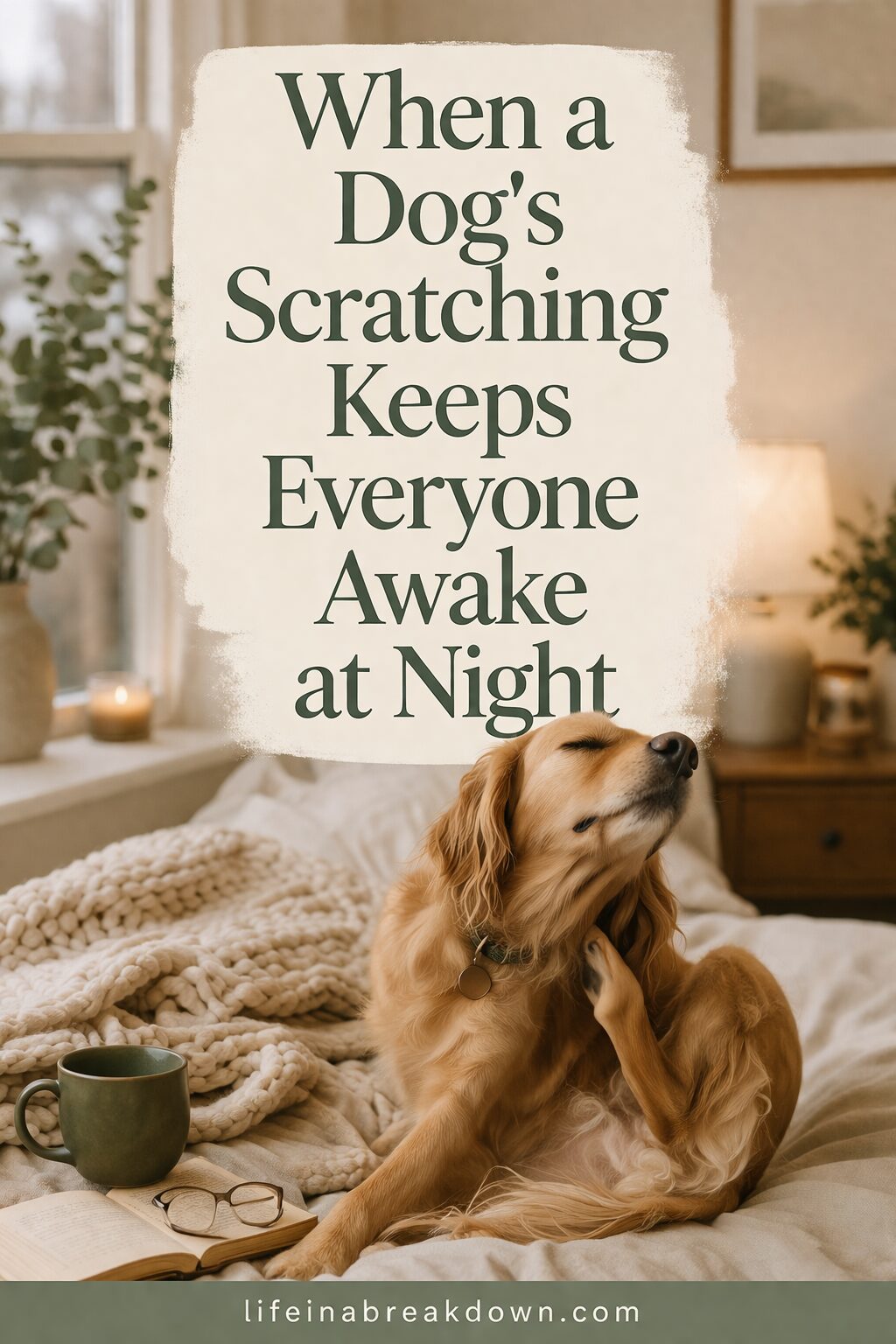 A golden retriever scratches its neck while sitting on a cosy bed, with a mug and glasses on the blanket. Text above reads: “When a Dog’s Scratching Keeps Everyone Awake at Night.”.