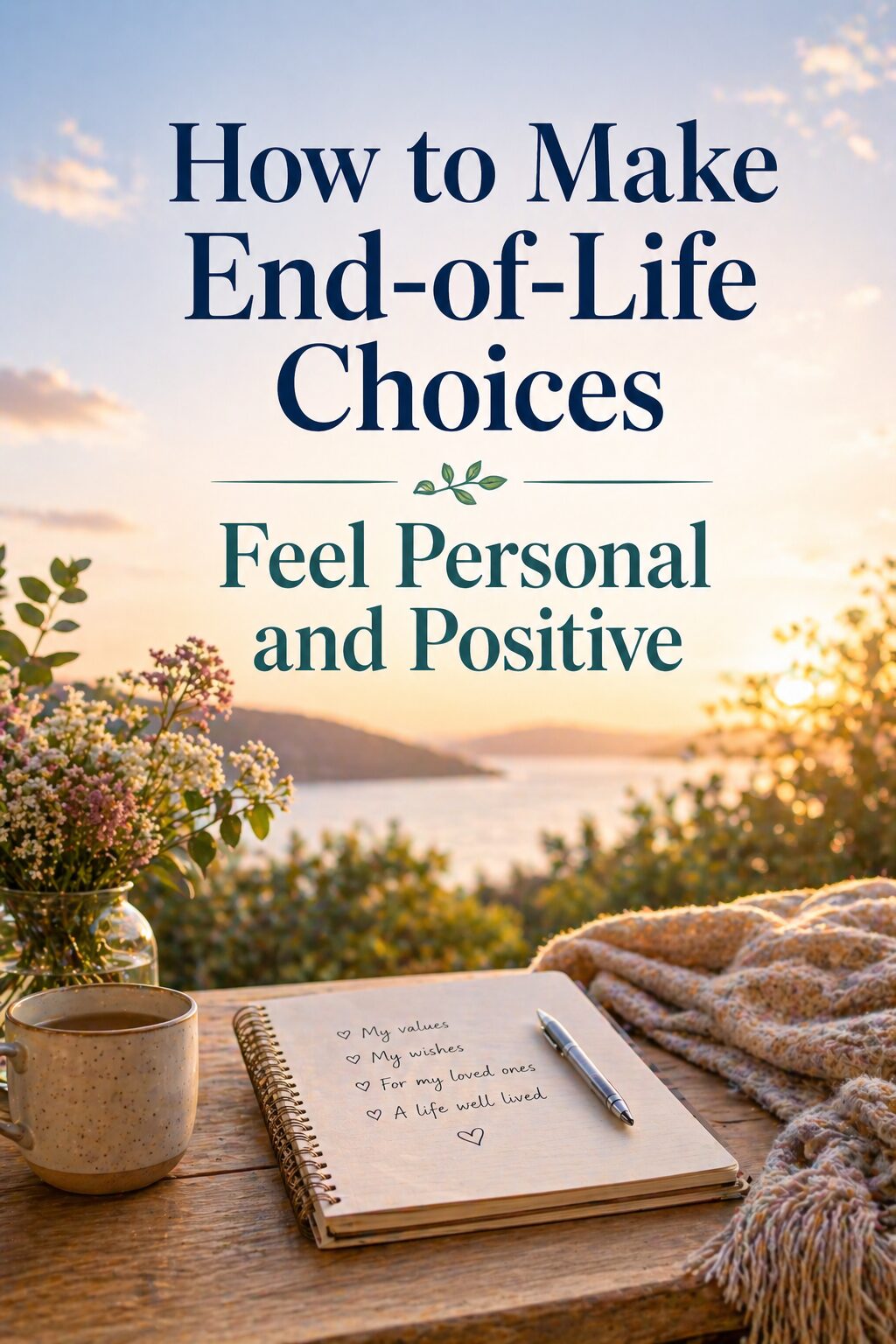 Notebook, pen, coffee mug, and flowers on a wooden table outdoors at sunset, with text: How to Make End-of-Life Choices feel personal and positive.