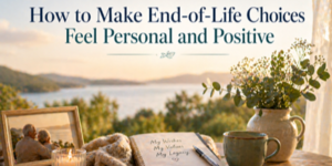 A cosy table by a lake with flowers, a candle, a framed photo of an elderly couple, and a journal open to My Wishes, My Values, My Legacy. The text above reads, How to Make End-of-Life Choices Feel Personal and Positive.