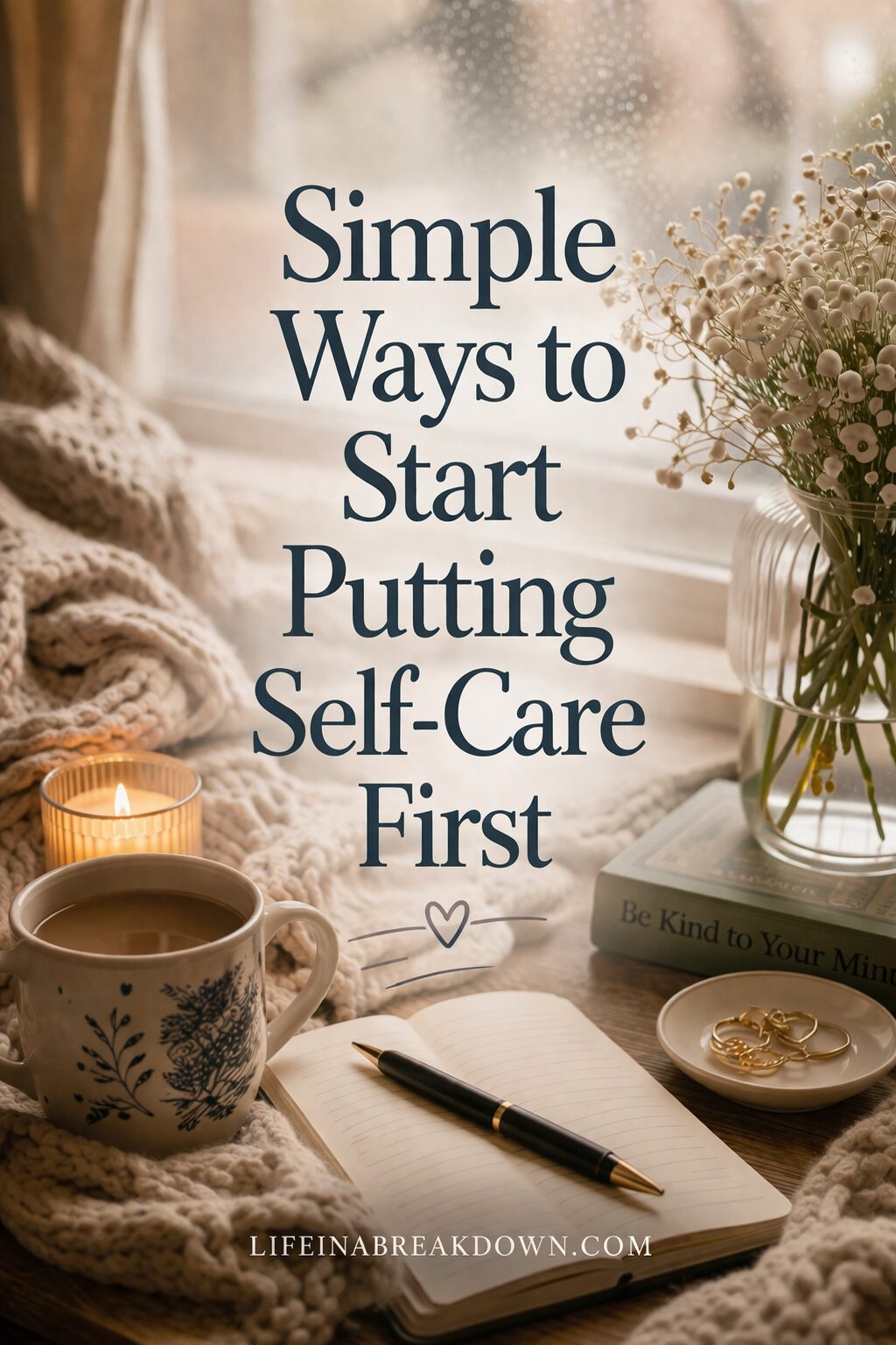 Cosy scene with a cup of coffee, open notebook and pen, candle, books, and vase of flowers by a rain-speckled window. Text over image reads: Simple Ways to Start Putting Self-Care First.