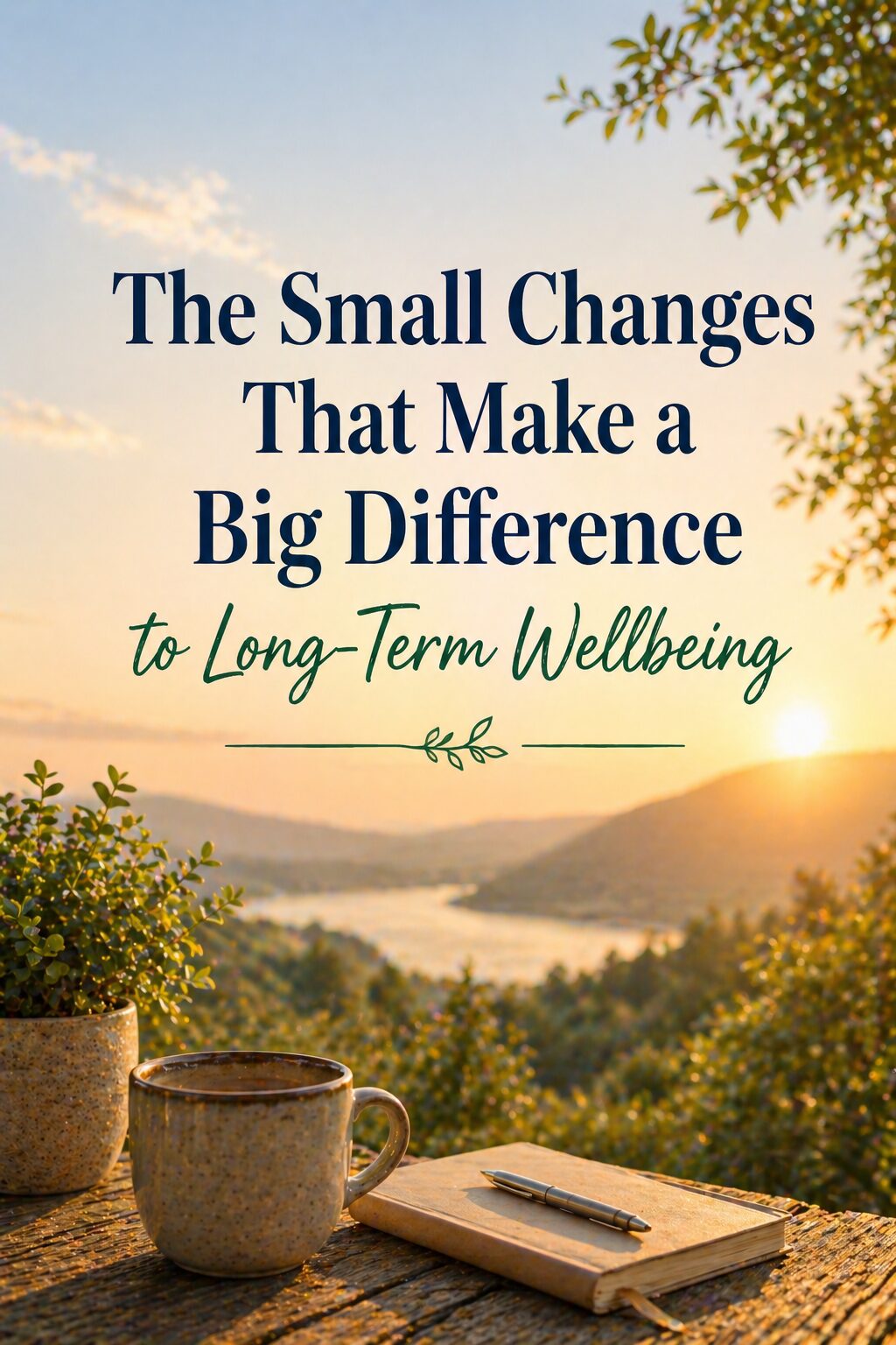 A notebook and cup on a wooden table with potted plants overlook a scenic sunrise or sunset view of hills and a river. Text reads: The Small Changes That Make a Big Difference to Long-Term Wellbeing.