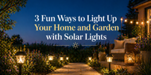 A stone garden path lit by solar lights leads to a cosy outdoor seating area with fairy lights at dusk. Text overlay: 3 Fun Ways to Light Up Your Home and Garden with Solar Lights.