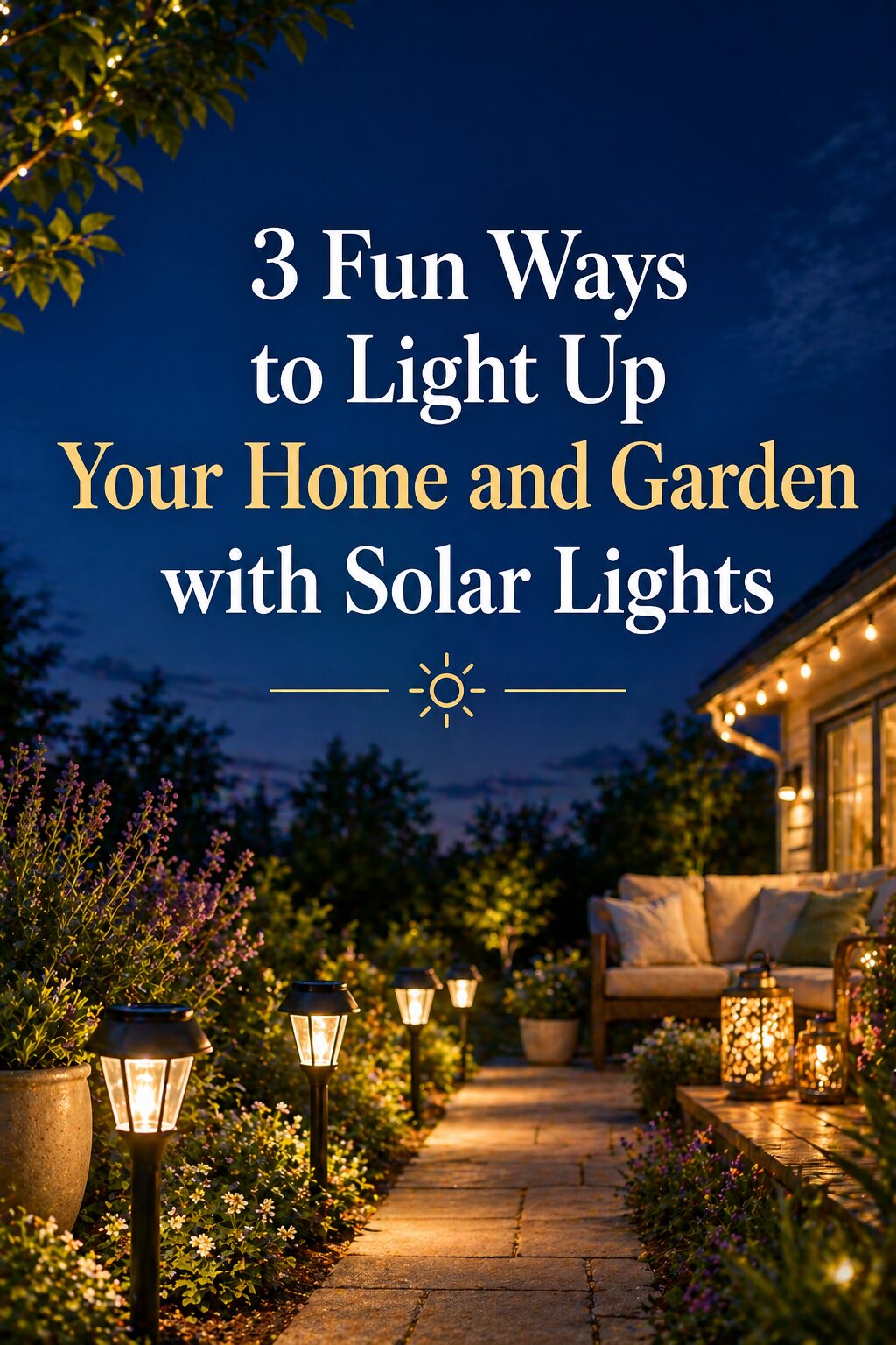 A cosy garden patio at dusk is lit with solar lights along a stone path, next to a house decorated with fairy lights. Text overlay reads: 3 Fun Ways to Light Up Your Home and Garden with Solar Lights.