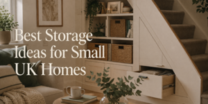 A cosy living space with built-in storage under stairs, shelves with baskets, houseplants, and a coffee table. Text reads: Best Storage Ideas for Small UK Homes.