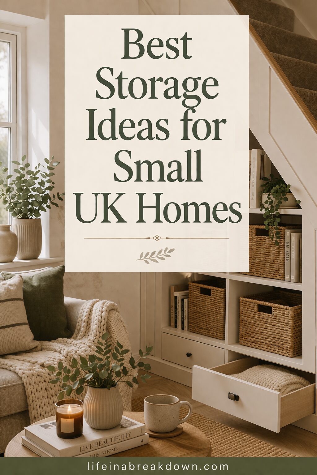 A cosy living room corner with a sofa, cushions, coffee table, plants, and built-in shelves with storage baskets under stairs. Text reads: Best Storage Ideas for Small UK Homes.