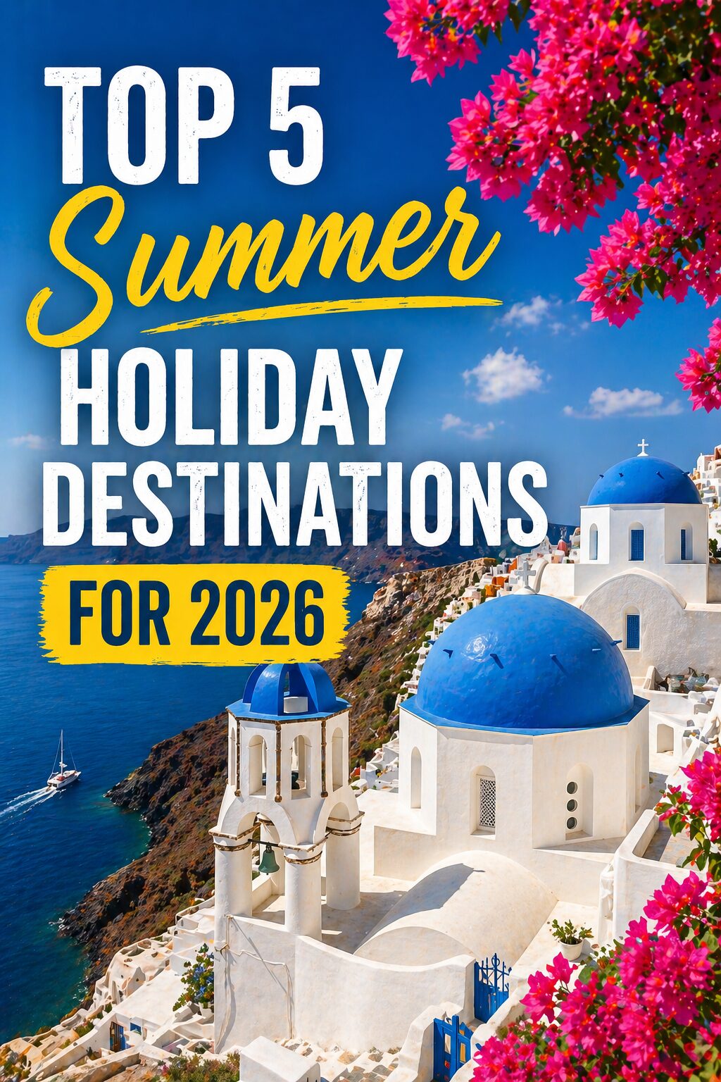 White buildings with blue domes on a cliffside overlook the sea in Santorini, Greece, with vibrant pink flowers in the corner. Text reads: Top 5 Summer Holiday Destinations for 2026.