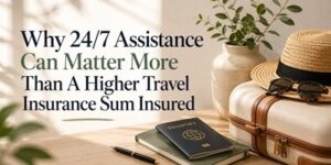 A travel scene with a suitcase, straw hat, passport, sunglasses, and potted plant, next to text that reads: Why 24/7 Assistance Can Matter More Than A Higher Travel Insurance Sum Insured.