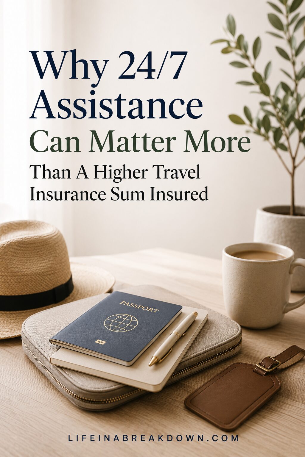 A table with a coffee cup, passport, and smartphone on a travel wallet, with a straw hat and sunglasses beside them. Text reads, Why 24/7 Assistance Can Matter More Than A Higher Travel Insurance Sum Insured.