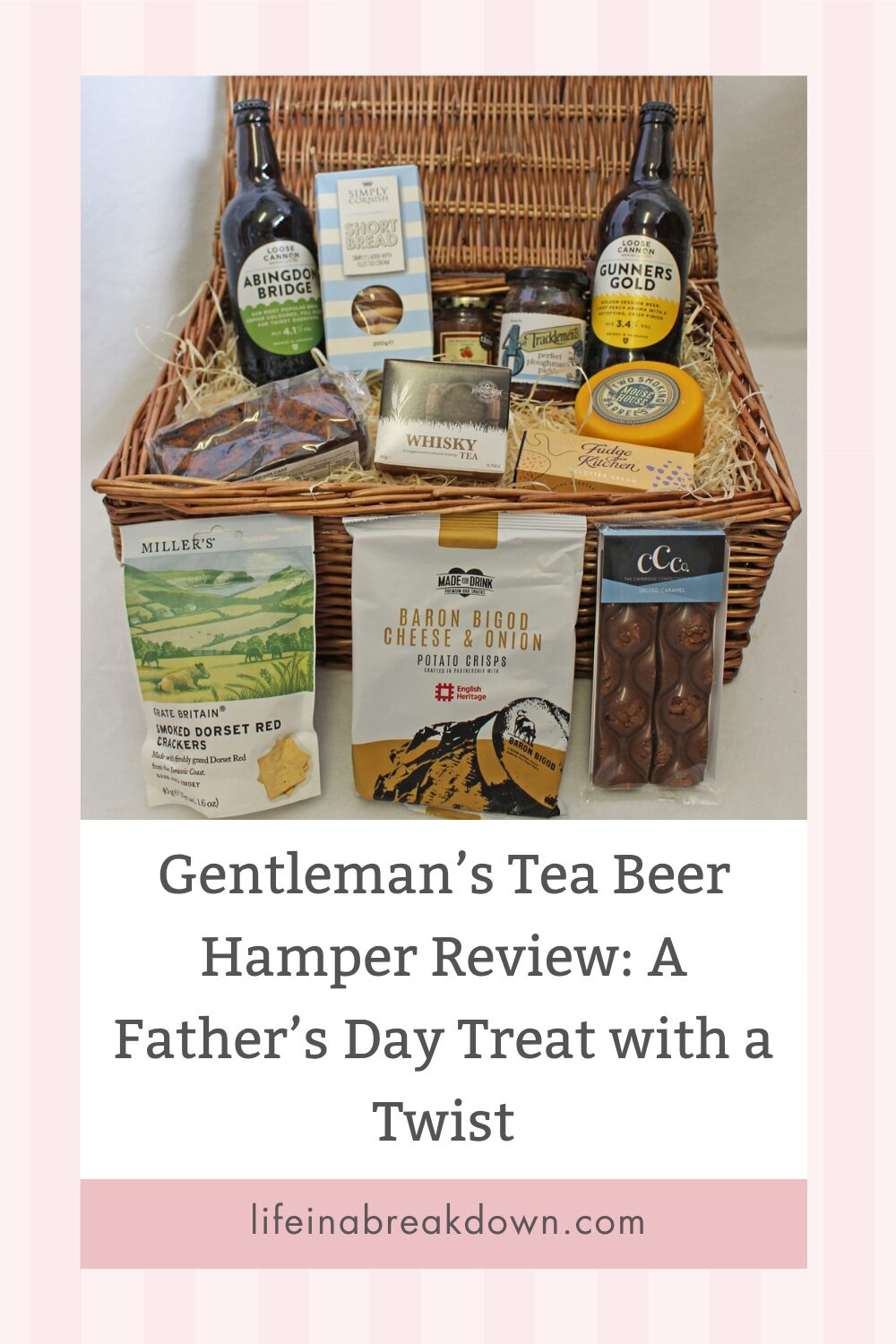 A wicker hamper filled with beer bottles, cheese, biscuits, chocolates, tea, and other gourmet treats, arranged as a gift set. The hamper is featured above the text: “Gentleman’s Tea Beer Hamper Review: A Father’s Day Treat with a Twist.”.