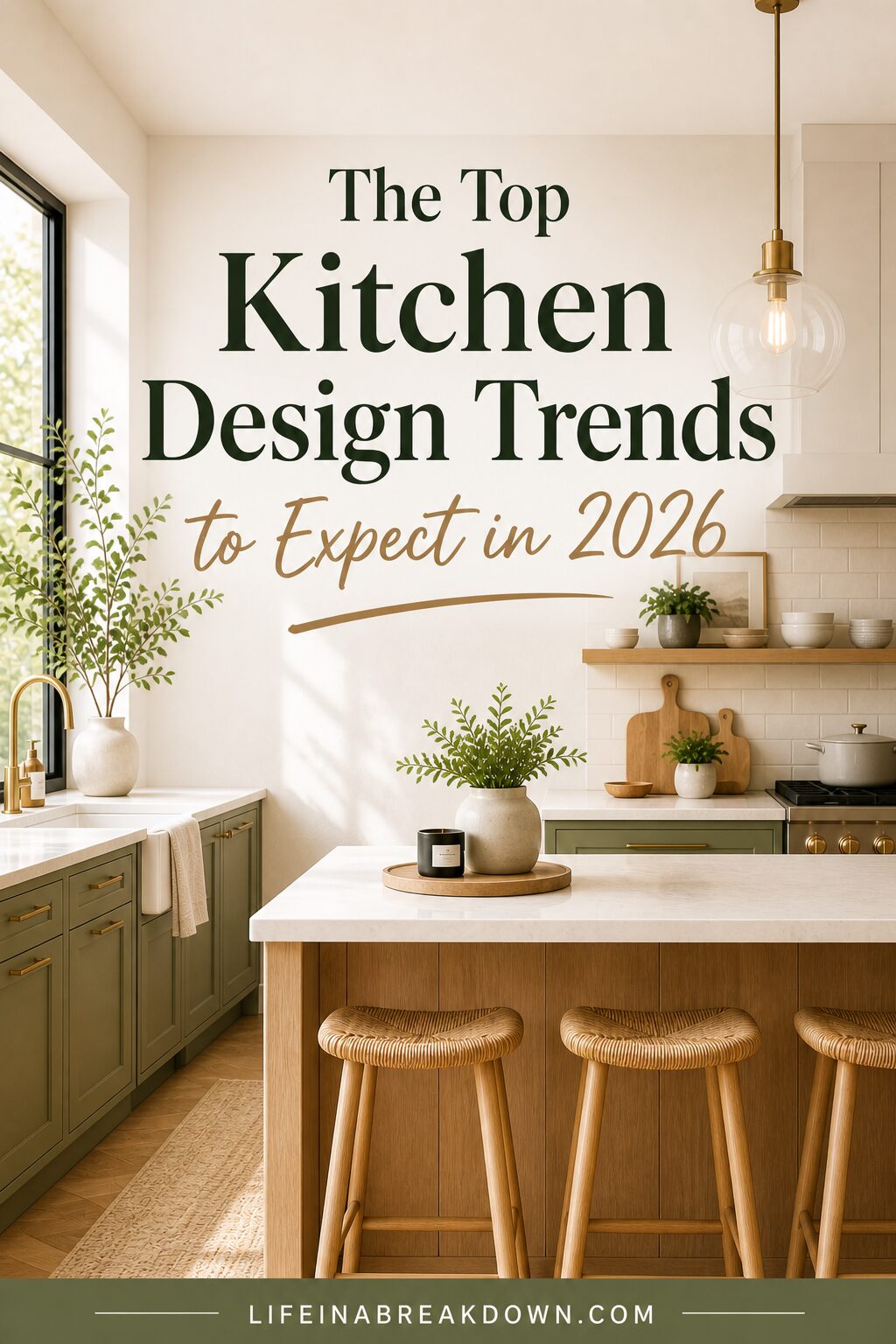 Modern kitchen with green cabinetry, wooden stools, open shelving, potted plants, and natural light. Text reads: “The Top Kitchen Design Trends to Expect in 2026.” Website: lifeinabreakdown.com.