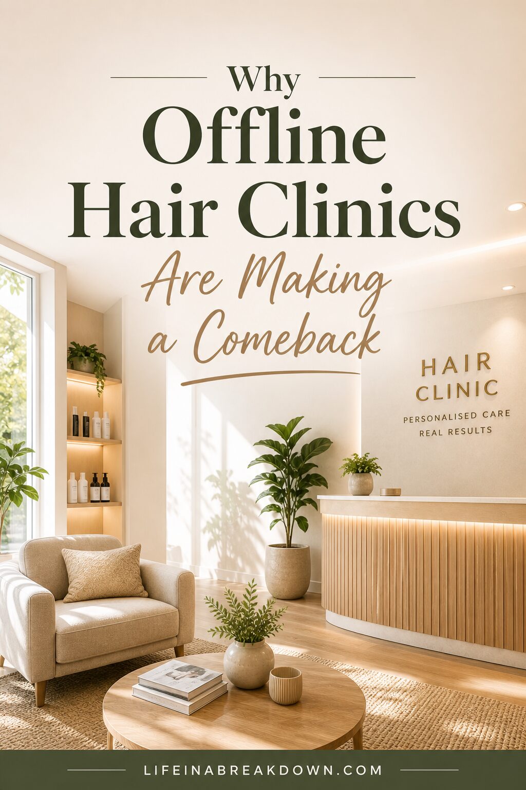 A modern, bright hair clinic reception area with minimalist decor, plants, a cosy chair, and a curved wooden desk. Text reads: Why Offline Hair Clinics Are Making a Comeback.