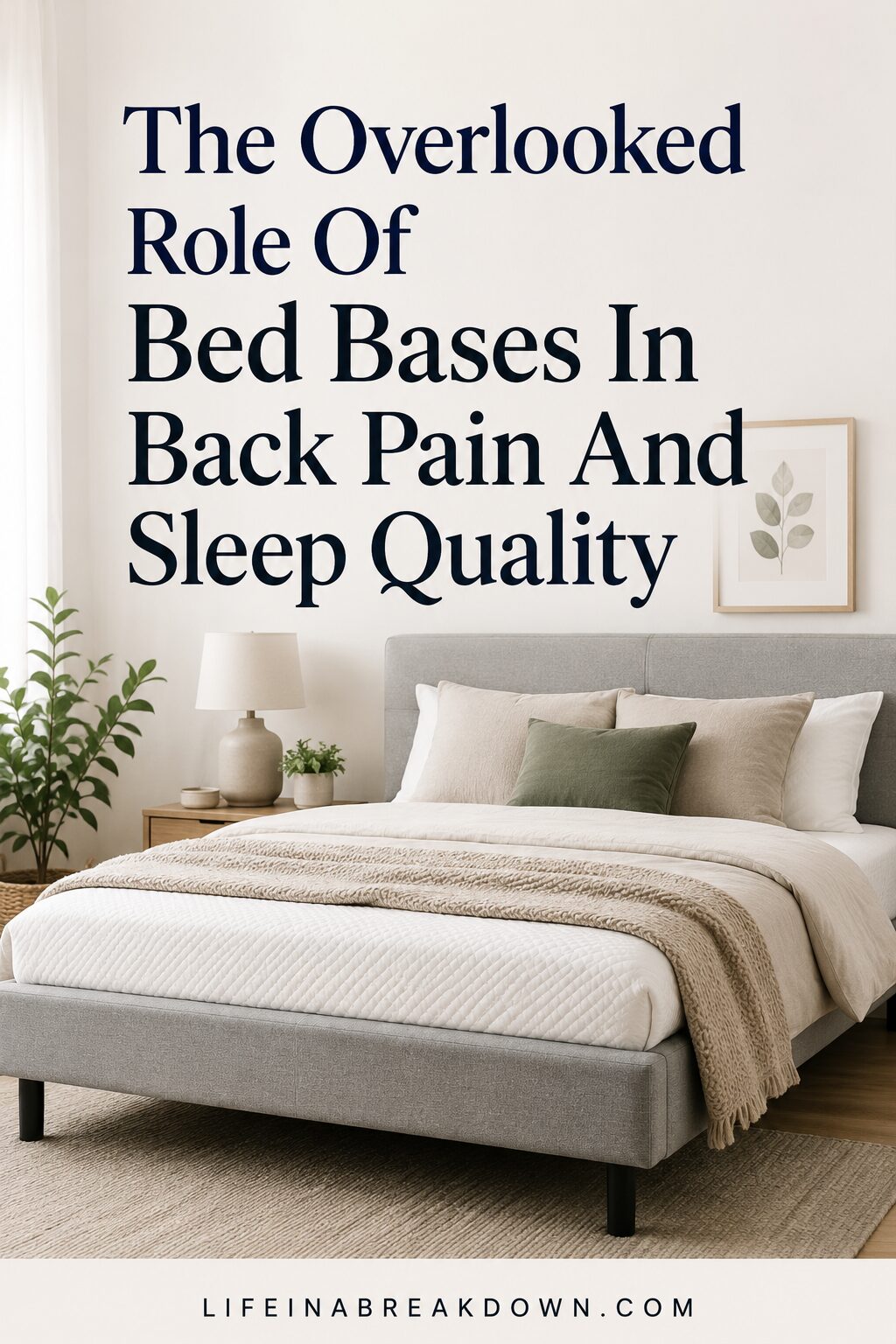 A neatly made bed with neutral bedding, pillows, and a light throw sits in a bright, modern bedroom with a bedside table, lamp, plant, and framed art. Overlaid text discusses bed bases, back pain, and sleep quality.