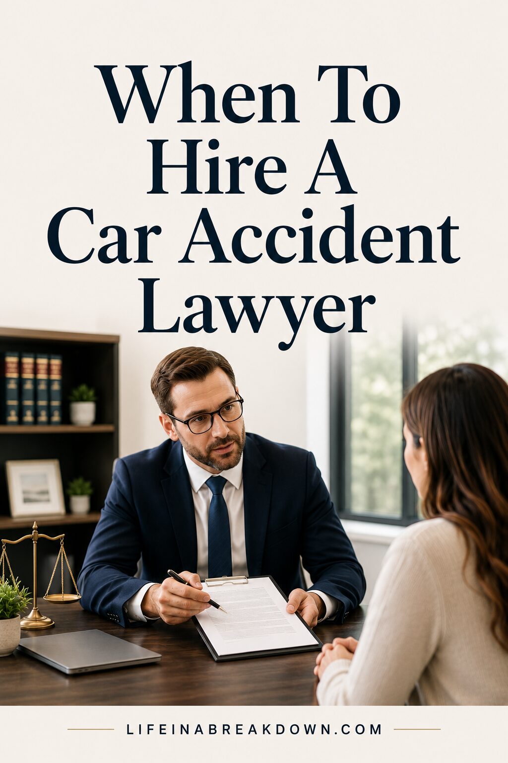 A male solicitor in a suit discusses paperwork with a woman client in an office. Large text reads, When To Hire A Car Accident Solicitor. A website, lifeinabreakdown.com, is at the bottom.