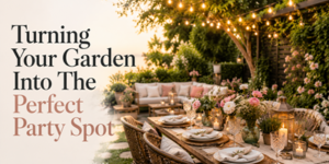 A beautifully decorated outdoor garden party set-up with a long table, floral arrangements, elegant place settings, fairy lights, and cosy seating. Text reads: Turning Your Garden Into The Perfect Party Spot.