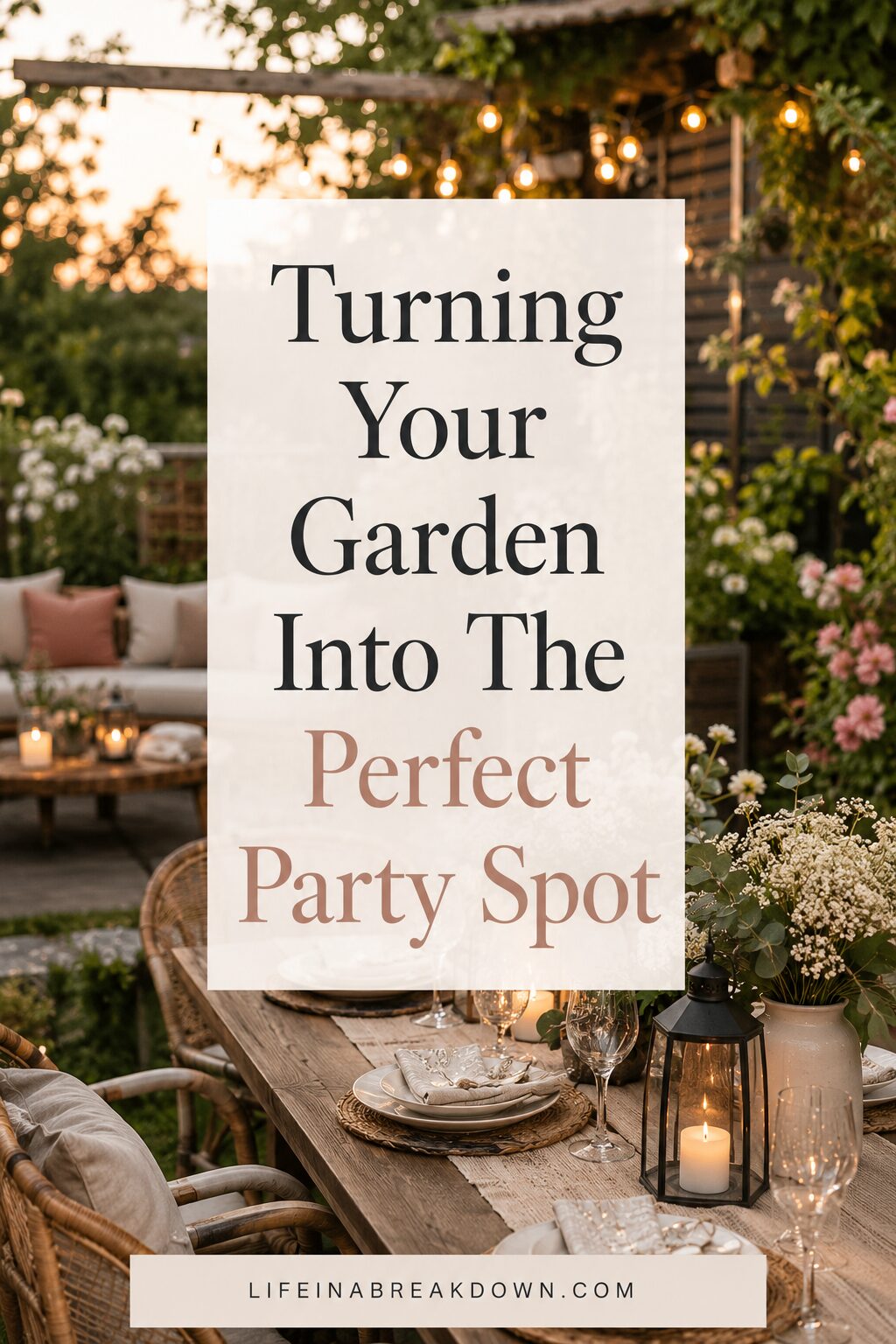 A cosy outdoor garden party setup with a decorated table, flowers, fairy lights, and comfortable seating. Text overlay reads: Turning Your Garden Into The Perfect Party Spot.