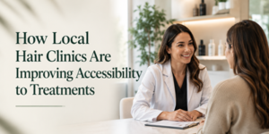 A female doctor in a white coat smiles whilst talking to a patient in a clinic. Text on the left reads, How Local Hair Clinics Are Improving Accessibility to Treatments.
