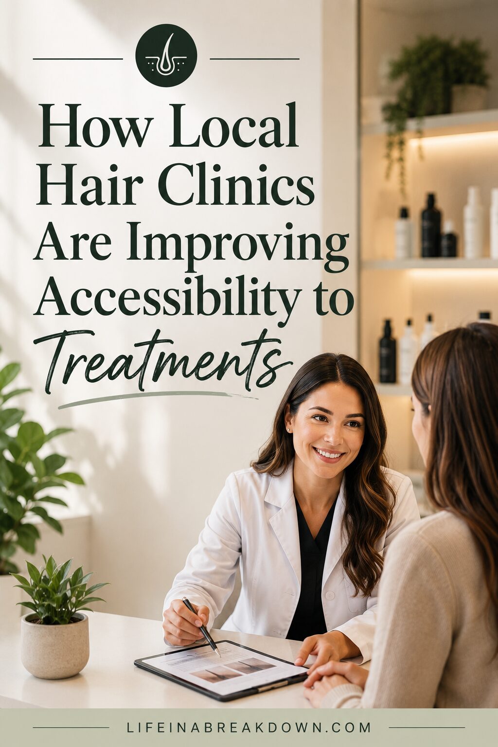 A smiling female doctor in a white coat discusses treatment with a patient in a modern clinic; text reads, How Local Hair Clinics Are Improving Accessibility to Treatments.