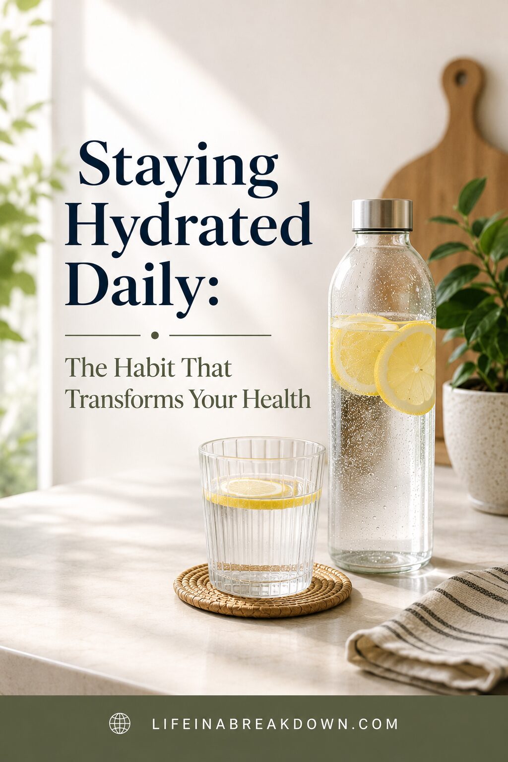 A glass and a bottle of water with lemon slices are on a kitchen worktop next to a plant and a striped tea towel. Text reads: “Staying Hydrated Daily: The Habit That Transforms Your Health.”.